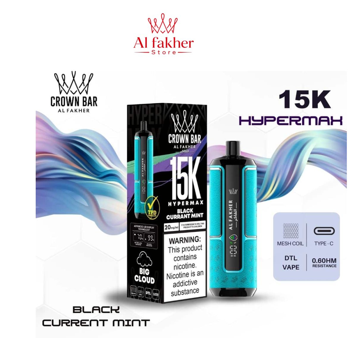 Al Fakher Crown Bar Hypermax 15000 Puffs Black Current Mint