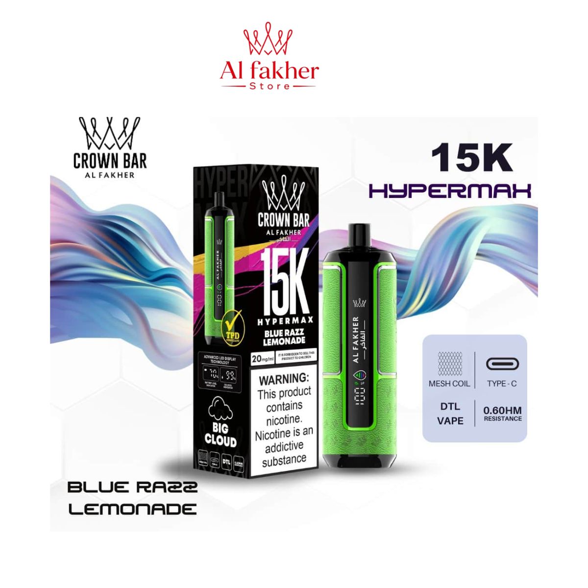 Al Fakher Crown Bar Hypermax 15000 Puffs Blue Razz Lemonade