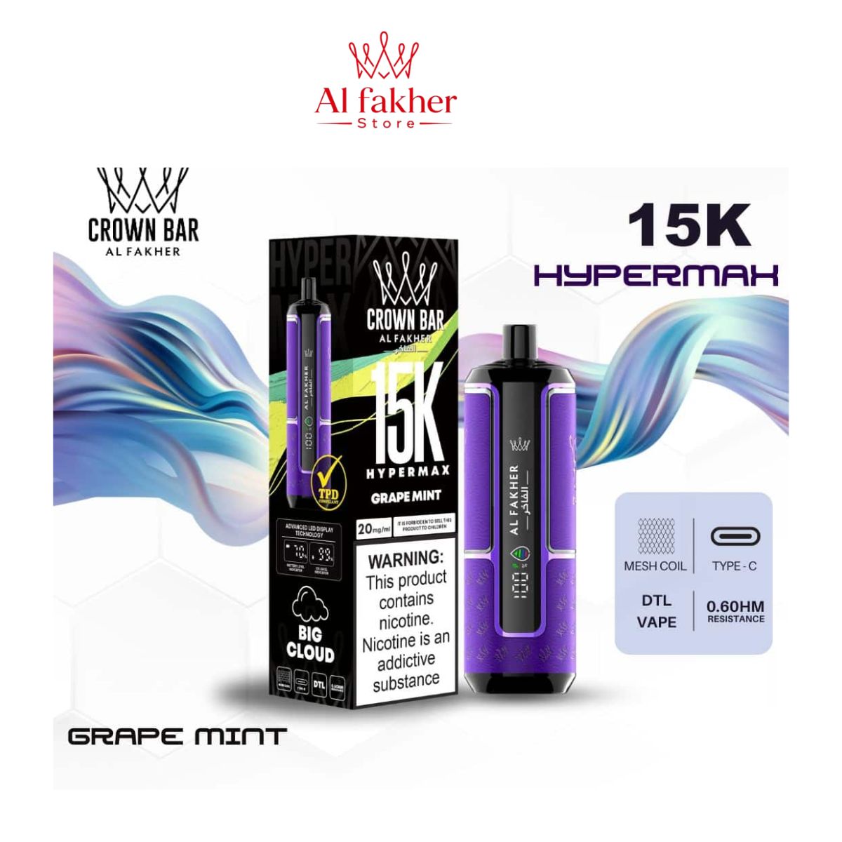 Al Fakher Crown Bar Hypermax 15000 Puffs Grape Mint