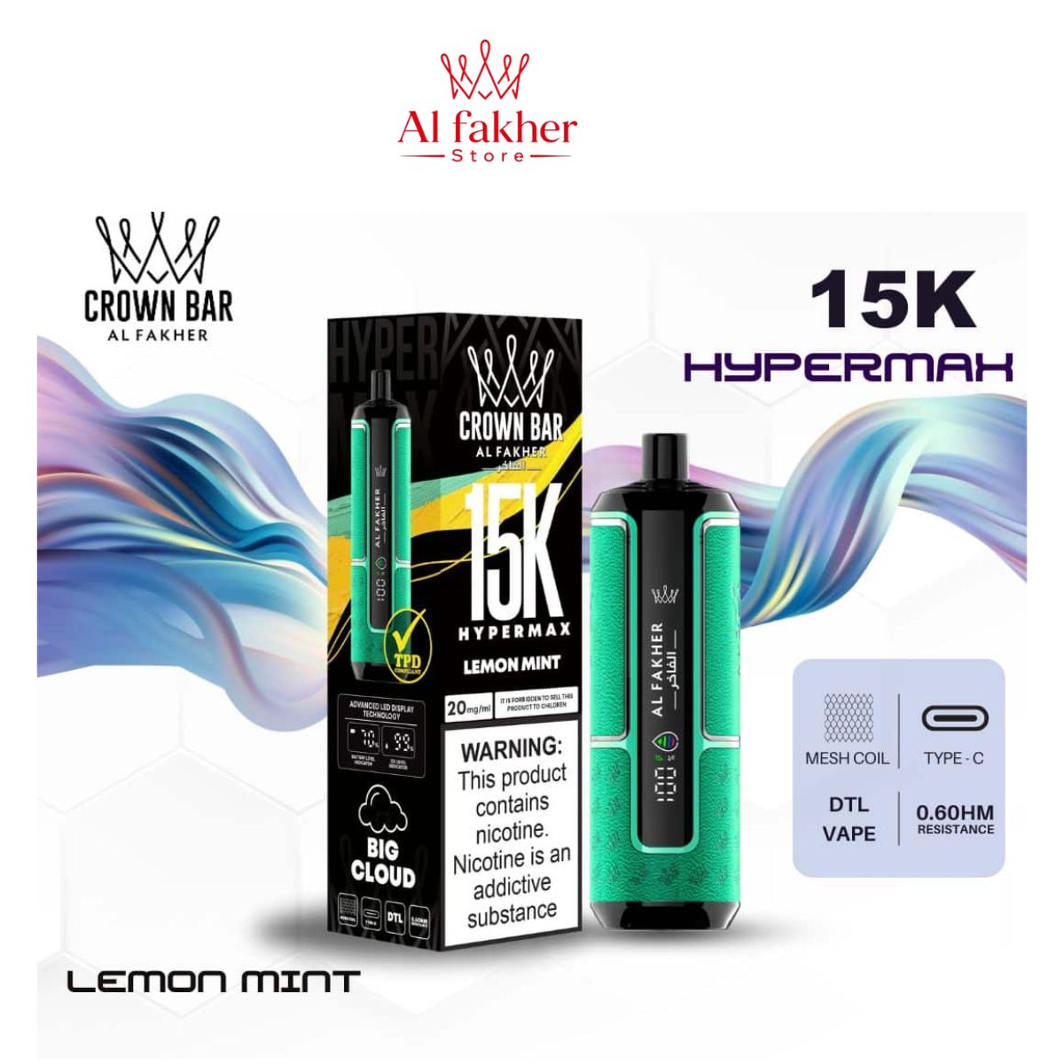 Al Fakher Crown Bar Hypermax 15000 Puffs Lemon Mint