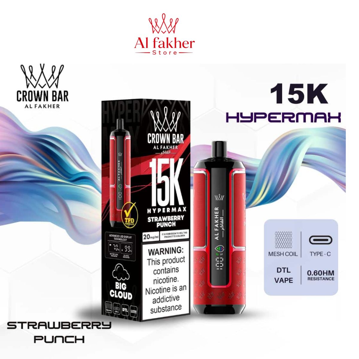 Al Fakher Crown Bar Hypermax 15000 Puffs Strawberry Punch